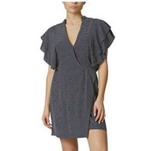 Avec Les Filles Women’s Polka Dot Navy Ruffle Sleeve Faux Wrap Dress- Size L